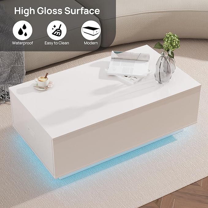 41" LED Coffee Table with 2 Drawers - High Gloss White Modern Table with Lighting for Living Room (41.33" W x 23.62" D)