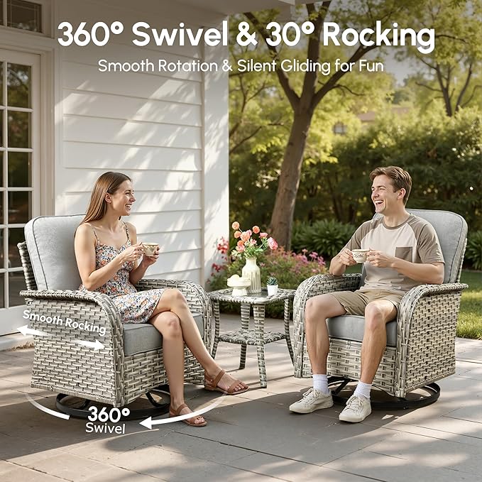 Patio Furniture Set, 8 Pieces Outdoor Wicker Conversation Sets with 2 Wicker Rocking Chair & Coffee Table Outdoor Sectional Sofa for Balcony Backyard Poolside Garden Lawn (Gray)