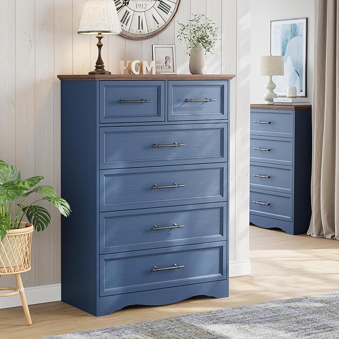 Bedroom Set, 3 Pieces Bedroom Furniture Set, Wood 6 Drawer Dresser and Nightstands with Charging Station, Farmhouse Storage Organizer Cabinet for Bedroom, Blue