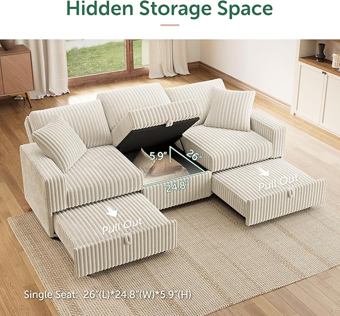 HONBAY 94.5 Inch Sectional Sofa, Modular L & U Shaped Pull Out Couch with Adjustable Backrest & Storage, Velvet White