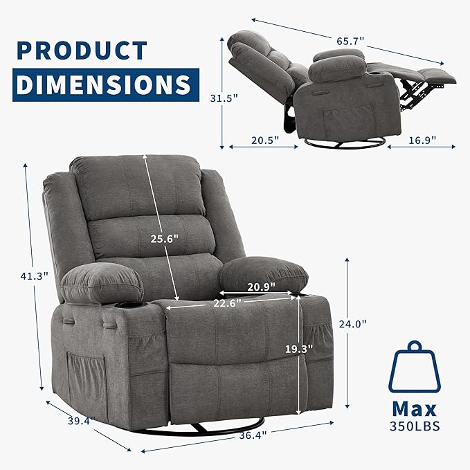 Rocking Recliner Chair for Adults Wide 360° Swivel Rocker Recliner with Cup Holder Nursery Glider with Upholstered Deep Seat Linen Lazy boy Chair for Living Room Grey