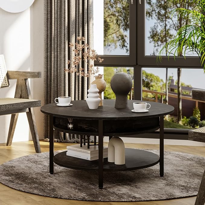 FABATO Round Lift Top Coffee Table with Storage and Hidden Compartment, 26.77'' Farmhouse Coffee Table for Living Room Reception Room, 2 Tier Small Round Coffee Table Circle Dining Table, Black Oak | Lift Top, with Storage, Hidden Compartment, Farmhous...