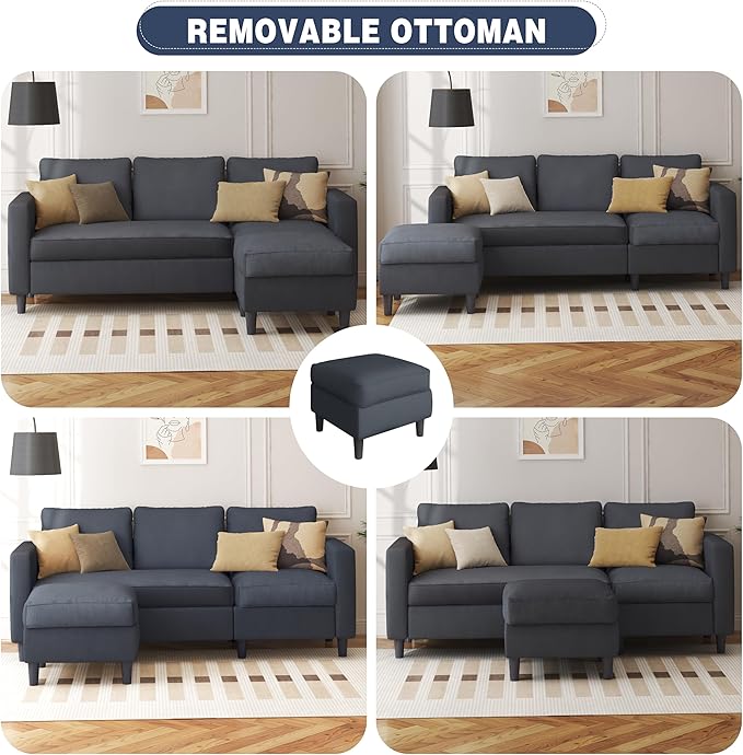 Shintenchi Convertible Sectional Sofa Couch,L-Shaped Modular Sofas with Reversible Ottoman,3-Seat Upholstered Corduroy Sofa Couch,Small Couches for Apartment,Living Room and Office(Dark Grey)