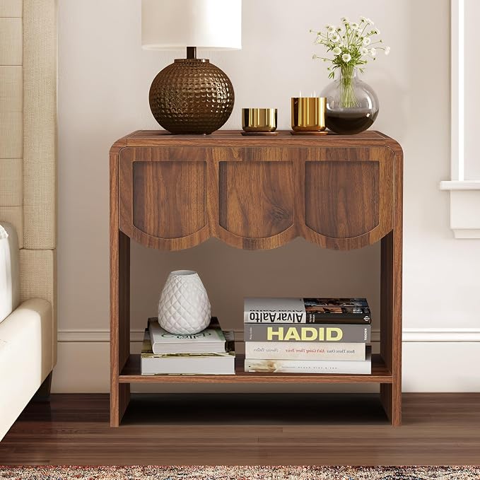 Small Night Stand Set of 2, Mid Century Modern Farmhouse Wood Nightstand with Wave Panel Drawer, Bed Side End Table for Small Space, Living Room - Walnut - Image 6
