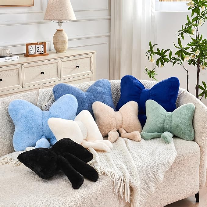 XVTRU Black Bow Pillow, Soft Bow Decorative Pillows with Faux Rabbit Fur, Cute 16" Bow Throw Pillows, Aesthetic Home Decor Bow Shaped Plush Pillow for Bedroom Sofa Couch