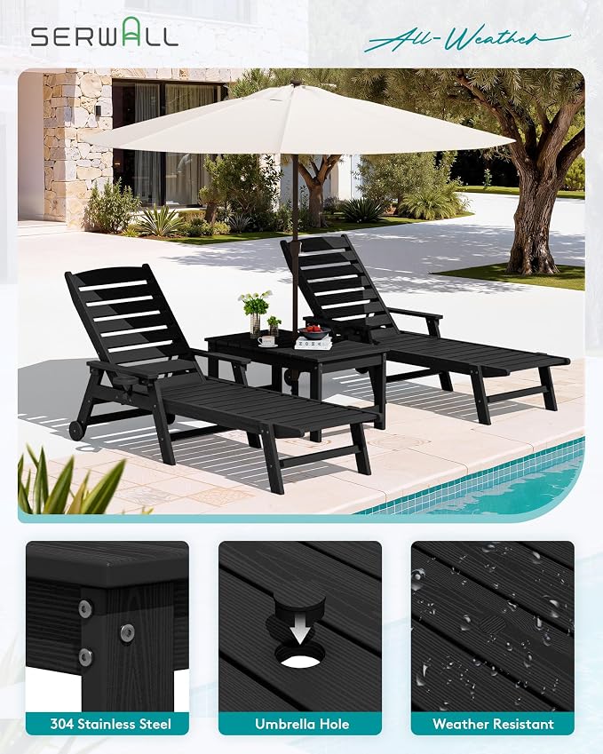 SERWALL Outdoor Coffee Table with 9FT Umbrella, HDPE Patio Coffee Table for Outside, Rectangle, Black(Not Include Umbrella Base) - Image 6