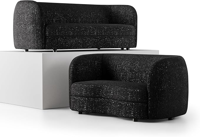 Furniture of America Nimiane Modern Boucle 2 Piece Sofa and Loveseat Set with Curved Arms and Wooden Legs, Accent Furniture Sets for Living Room, Home Office, Bedroom, Black