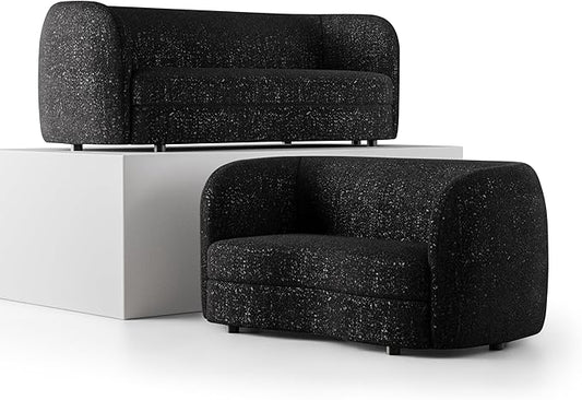 Furniture of America Nimiane Modern Boucle 2 Piece Sofa and Loveseat Set with Curved Arms and Wooden Legs, Accent Furniture Sets for Living Room, Home Office, Bedroom, Black