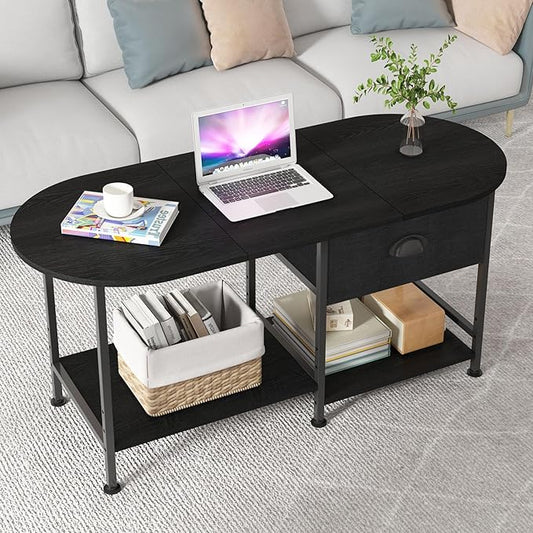 37" Oval Small Coffee Table with Storage,Modern Wood Living Room Center Table for Small Space,Apartment,Home Office,Drawer & Open Shelves,Easy Assembly,Black