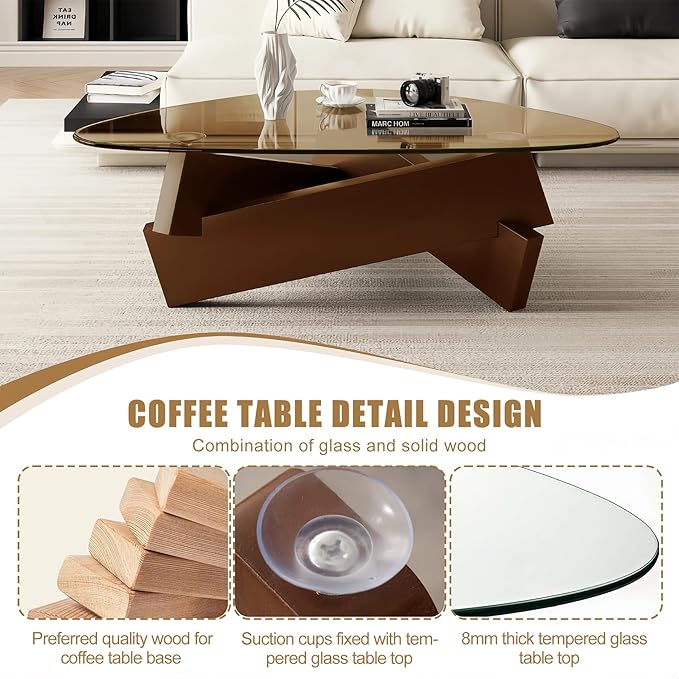Triangle Glass Coffee Table Brown Rustic Glass Top Coffee Table Retro Modern Living Room Center Table with Solid Wood Legs, 35.5'' x 27.5'' x 15.7'' Cute & Vintage Tea Table for Small Spaces