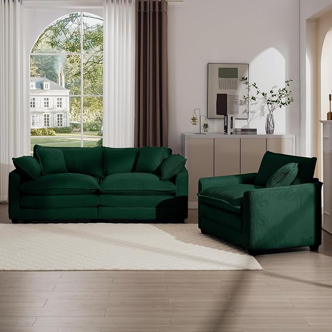 KEIKI 2-Piece Sofa Set with 1 Oversized Corduroy Loveseat Sofa & 1 Single Sofa, Upholstered 3-Seater Couch Set with 5 Pillow, High-Density Foam Cushions, Removable Armrests, for Living Room, Green