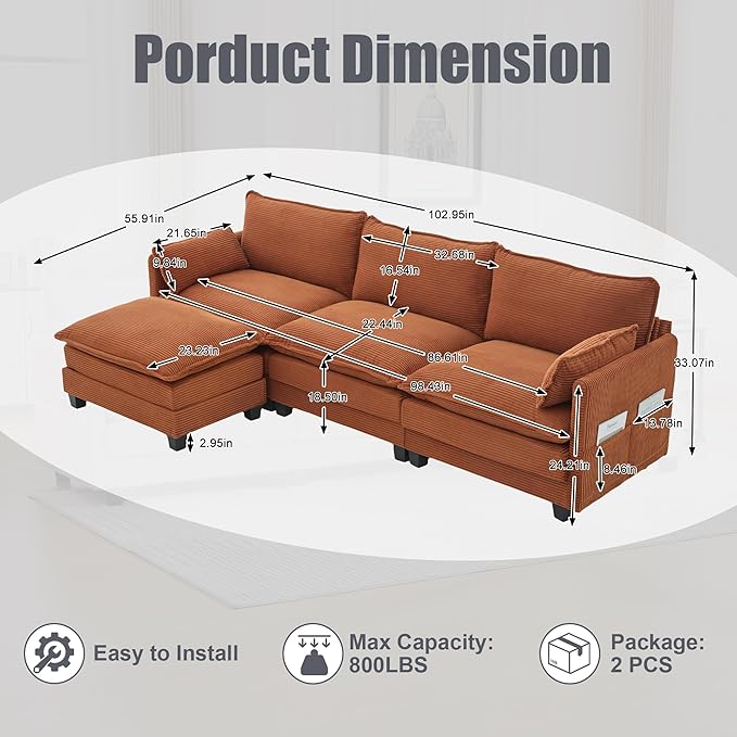 Modular Sectional Sofa Couch with Reversible Ottoman, 103" Oversized Corduroy Cloud Couch, 3 Seat Sectional Sofa with Solid Wood Frame and Side Pockets,for Living Room & Apartment