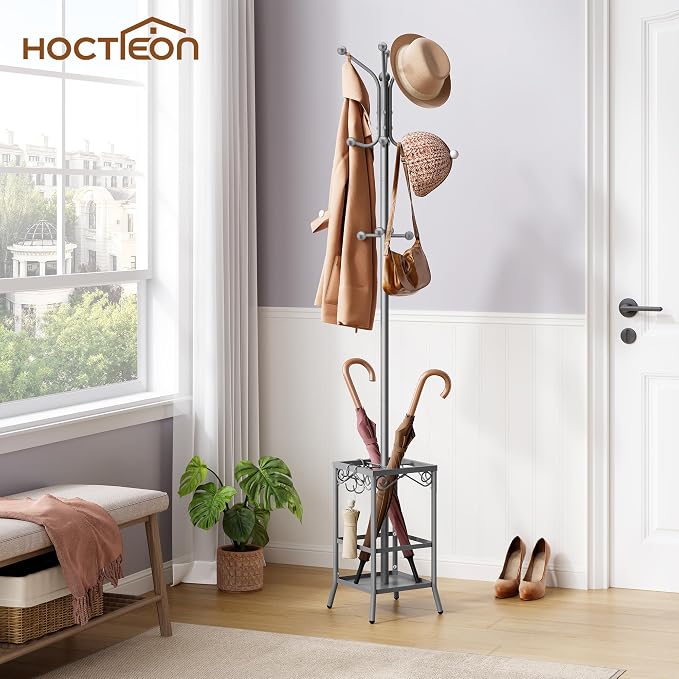 Hoctieon Coat Rack Freestanding With Umbrella Holder, Metal Coat Tree With 12 Hooks, Standing Hanger for Entryway, Hat Rack for Home Office, Gray - Image 2