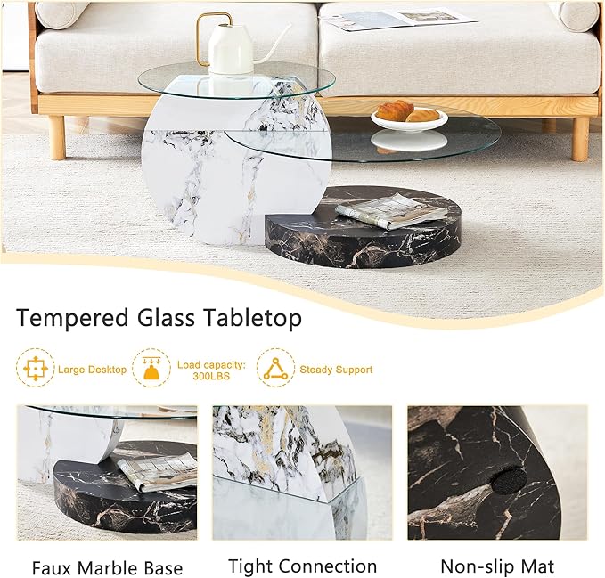 35.4" Glass Coffee Table, Round Coffee Table, 2-Tier Tempered Glass Tabletop with White and Black Faux Marble Base, Modern Center Table for Living Room, Home, Apartment, Ideal for Small Space