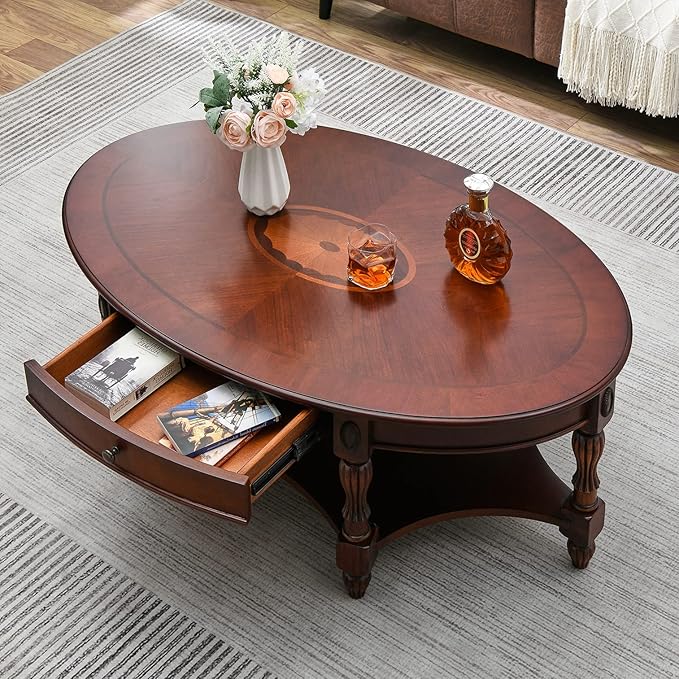 MODERION Solid Wood Coffee Table with Drawer and Storage Shelf, Traditional Living Room Cocktail Tea, Oval Center Carvings Side Vintage 46''Lx 29''Wx18.2''H Cherry Walnut KFZ1533WD-DR
