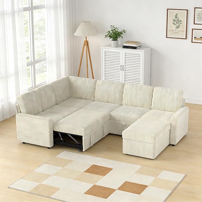 7-Seater Large Sectional Couch with Pull Out Bed, L Shaped Corduroy Sofa with Storage, Convertible Modular Sofa, for Living Room, Apartment, Beige
