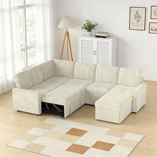 7-Seater Large Sectional Couch with Pull Out Bed, L Shaped Corduroy Sofa with Storage, Convertible Modular Sofa, for Living Room, Apartment, Beige