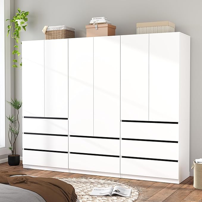 White Armoire Wardrobe Closet with 2 Doors, 75" Bedroom Wardrobe Closet for Hanging Clothes, Modern Wood Storage Closets Cabinet with System (B+A+B, 94.5")