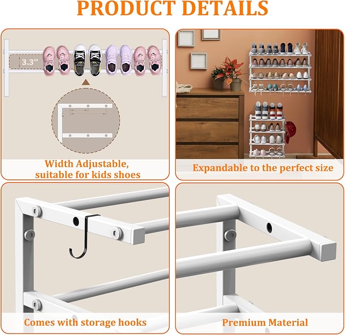 2 Pack Wall Mounted Shoe Rack, 4 Tier Hanging Shoe Rack Holds 32 Pairs, 17"-30" Adjustable Heavy Duty Wall Shoe Shelf with 4 Storage Hooks, Space Saving for Closet Entryway, White - Image 6