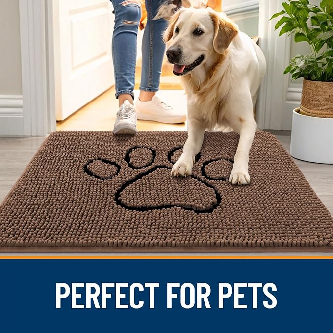 OLANLY Dog Door Mat for Muddy Paws 48x30, Paw Print Design, Absorbs Moisture and Dirt, Absorbent Non-Slip Washable Doormat, Quick Dry Chenille Mud Mat for Dogs, Entry Indoor Entryway Carpet, Mocha - Image 6