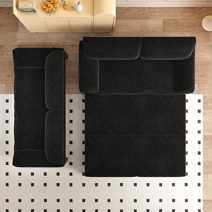66" Queen Size Pull Out Sofa Bed, 3-in-1 Convertible Sleeper with Side Storage and Wheels, Velvet Loveseat for Living Room, Apartment, Bedroom, Black (Mattress & Bedding Not Included)
