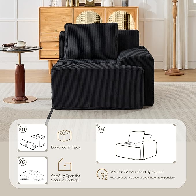 Modular Sectional Sofa, Boneless Couches for Living Room, Corduroy Couch, Big Comfy Couch, Modular Cloud Sofa with Deep Seat (Black, 1 Piece-Right Armchair)
