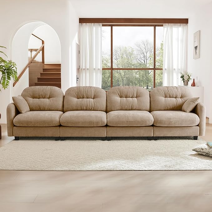 KEIKI 140" Oversized Chenille Modular Sectional Sofa with High-Density Foam Cushion and Tufted Pleated Cushion Backrest, Upholstered Modern 4-Seater Cloud Couch with 2 Pillow, for Living Room, Camel
