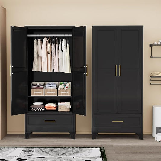 Ckzbx 71" H Metal Armoire Wardrobe Closet with Drawer, Adjustable Shelf, Clothes Drying Pole, Clothes Storage Closet for Bedroom (Black)