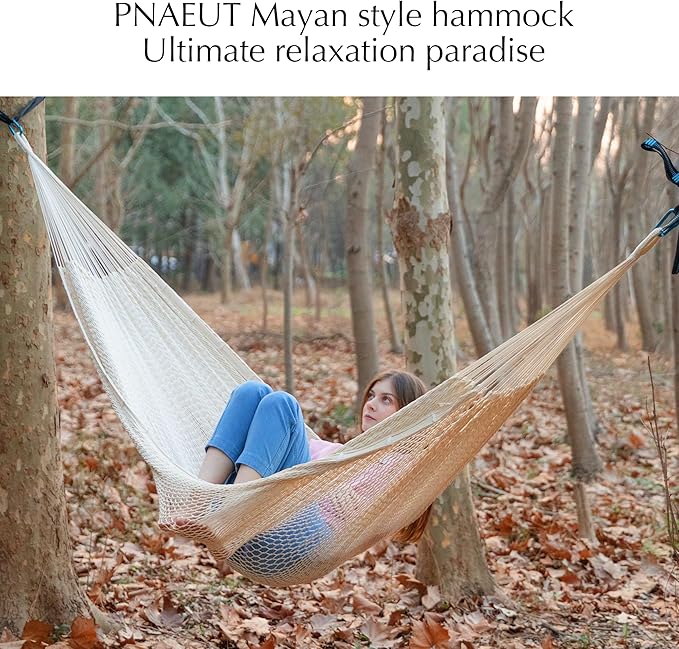 PNAEUT Handwoven Mayan Hammocks, Double Rope Hammock for Outdoor Outside & Indoor, Thick Soft 600 lbs Capacity Heavy-Duty, Includes Tree Straps, Carabiners & Carrying Bag (Nature, X-Large) - Image 3