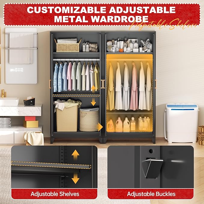 Superday Metal Wardrobe Closet, 72" H Bedroom Armoires with Wooden Handle, Metal Cabinet with Adjustable Shelves and Hanging Rods, Steel Storage Locker Closet for Home, Office, Employee, Gym (Black)
