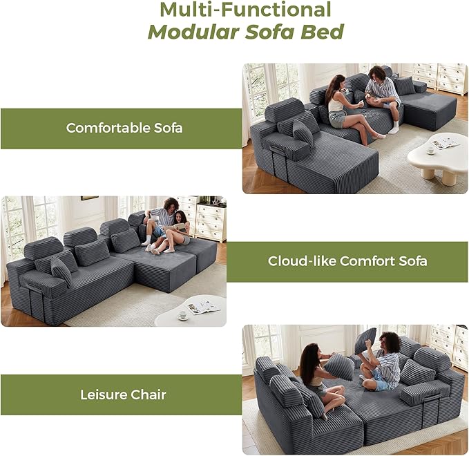 141" U-Shaped Cloud Modular Sectional Sofa with Chaise & Headrest, Boneless Deep Seat Plush Corduroy Couches for Large Living Room, No Assembly Required (Dark Gray, 141" U-shapred Chaise)