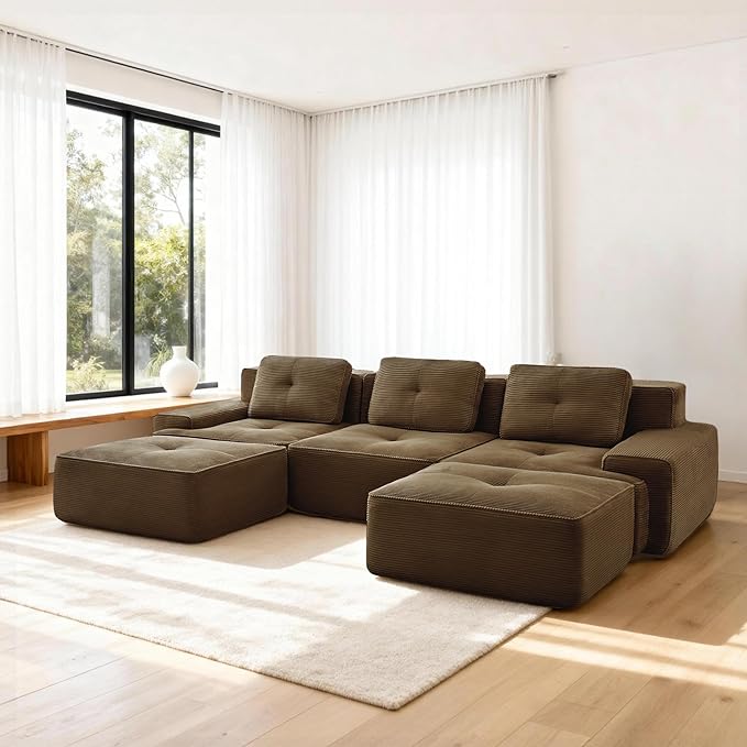 Casaphoria 115'' Brown Modular Sofa Set, 3-Seat U-Shaped Corduroy Couch with 2 Ottomans for Large Living Room No Assembly Required Deep Seat Sectional Couch