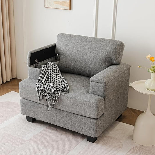 Oversized Accent Chair with Armrest Organizer,Comfy Living Room Chairs with Thick Cushion,Upholstered Armchair with Storage,Big Reading Chair,Sofa Chair for Bedroom,Linen,Dark Gray