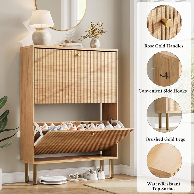 Shoe Storage Cabinet for Entryway - Ultra Slim Shoe Cabinet with Tiered Fluted Design - Modern Shoe Organizer for Entryway with Gold Legs, Hidden Shoe Rack for Small Spaces, Fits Men's Size 13.5 - Image 5
