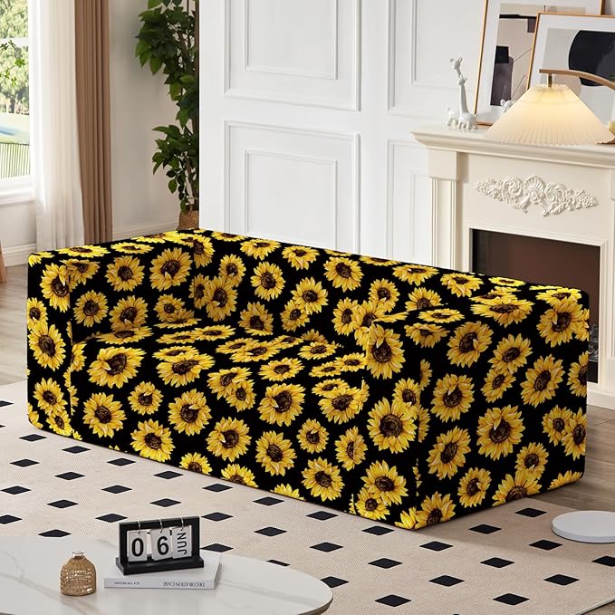 Loveseat Sofa, Boneless Couch in a Box with Sunflowers Print, Small Couch for Small Spaces, High-Resiliency Memory Foam, No Assembly Required, for Living Room, Bedroom, Office