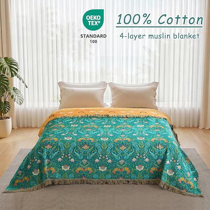 Boho Throw Blanket - 100% Cotton Soft Throw Blanket for Bed, 60"x80" Reversible Breathable Lightweight Spring Blankets, All Seasons Farmhouse Decor Floral Throw Quilt