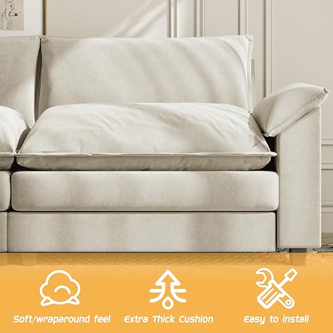 Shahoo Sectional Modular Sofa U Shaped Chenille Fabric Couch with High Supportive & Soft Sponges and Removable Ottoman, Sleeper Comfy Upholstered Furniture for Living Room, Bright Beige