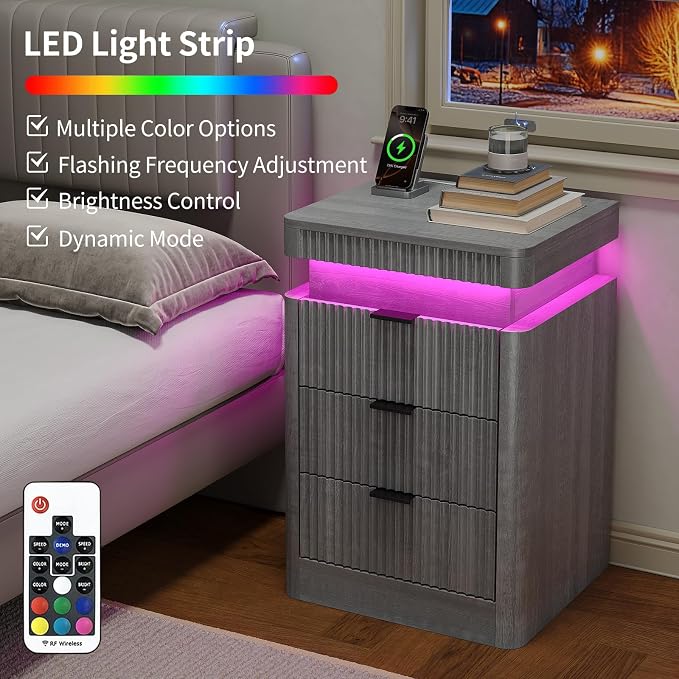 Yanosaku Night Stand with Charging Station, 3-Drawer Fluted LED Bedside Table with Sliding Top & USB Outlets, Modern End Table for Small Bedroom Living Room, Light Grey - Image 4