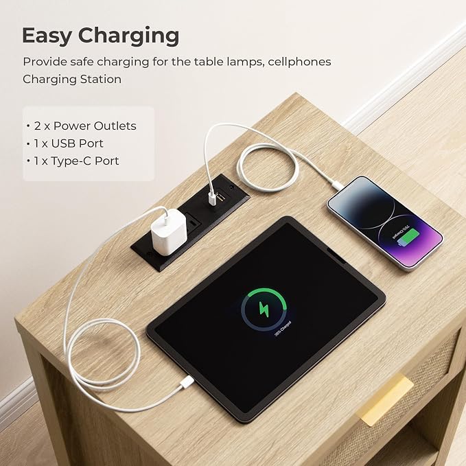 SICOTAS Night Stand with Charging Station - Rattan Nightstand with Type-C and USB Ports, Farmhouse Boho Bed Side Table with Drawer and Open Shelf for Bedroom Small Space, Light Oak - Image 4