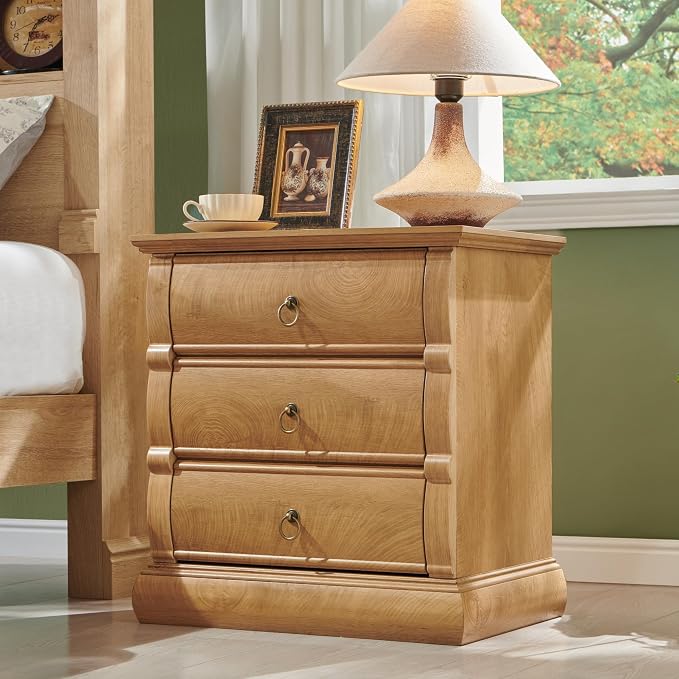 ACCOHOHO 22" Vintage Nightstand with 3 Curved Front Drawers & Retro Ring Pulls & Charging Station, Wood Bedside Table, End Table with Stable Base for Bedroom, Light Walnut Side Table - Image 9
