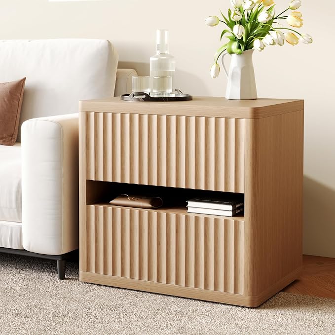 Dripex Fluted Nightstand with 2 Drawers, Large Wide Wood Night Stand Bedside Table for Bedroom, Mid-Century Modern Storage Bed Side Table, End Table for Living Room Sofa Couch, Natural Oak - Image 6