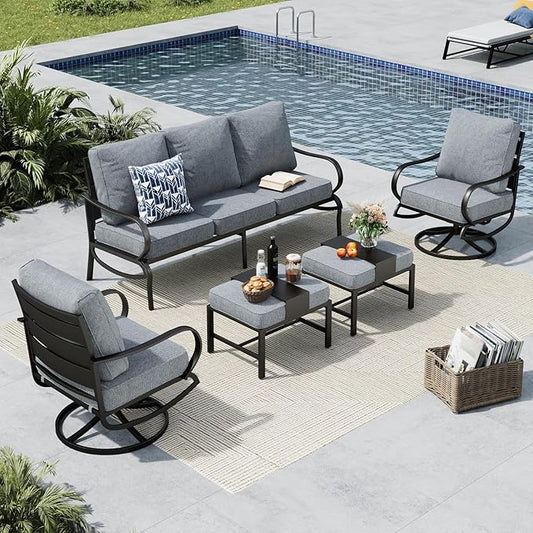 MFSTUDIO 5 Pieces Patio Conversation Sets,Outdoor Metal Furniture Sofas with 1 x 3-Seat Sofa, 2 x Swivel Chairs,2 x Ottoman,Wrought Iron Frame with Grey Cushion for Patio Courtyard Balcony