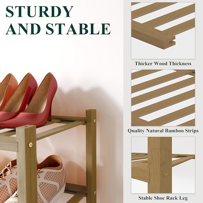 Smiry Bamboo Shoe Rack for Closet, 3 Tier Wooden Stackable Shoe Organizer, Free Standing Shoes Storage Shelf for Entryway, Front Door Entrance, Walnut - Image 3
