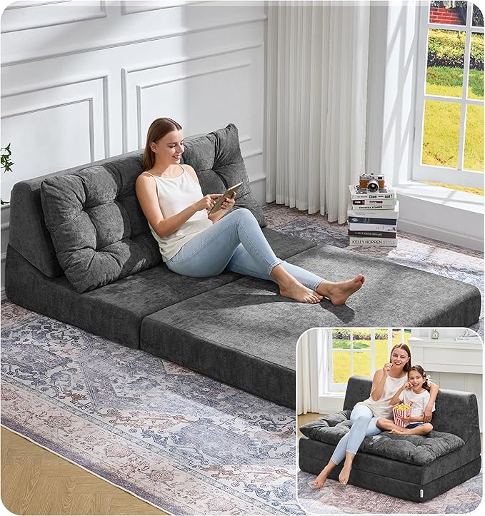 Hobestluk Sofa Couch Folding Sofa Bed Sleeper Comfy Floor Lounger Loveseat Sofa with Removable Cushion Couches Foldable Mattress for Living Room Bedroom or Office (Chenille Grey, Oversize)