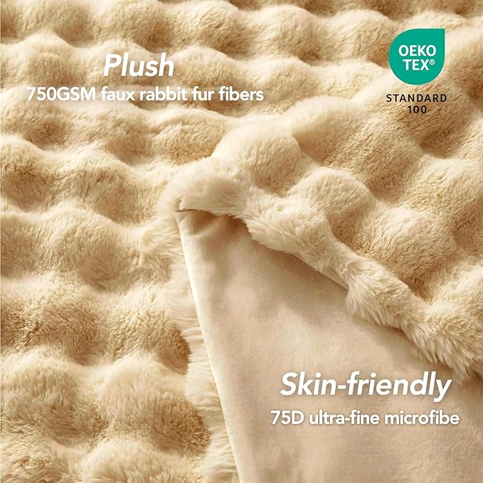 L'AGRATY Faux Rabbit Fur Blanket: 90" x 90" Queen Luxury Soft Fluffy Thick Fur Throw Blanket for Couch Bed - Cozy Plush Bubble Blankets for Winter: Flannel Fleece Decorative Blanket(Milk Tea Brown)
