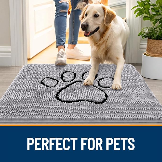 OLANLY Dog Door Mat for Muddy Paws 48x30, Paw Print Design, Absorbs Moisture and Dirt, Non-Slip Washable Doormat, Quick Dry Chenille Mud Mat for Dogs, Entry Indoor Entryway Carpet, Light Grey - Image 6