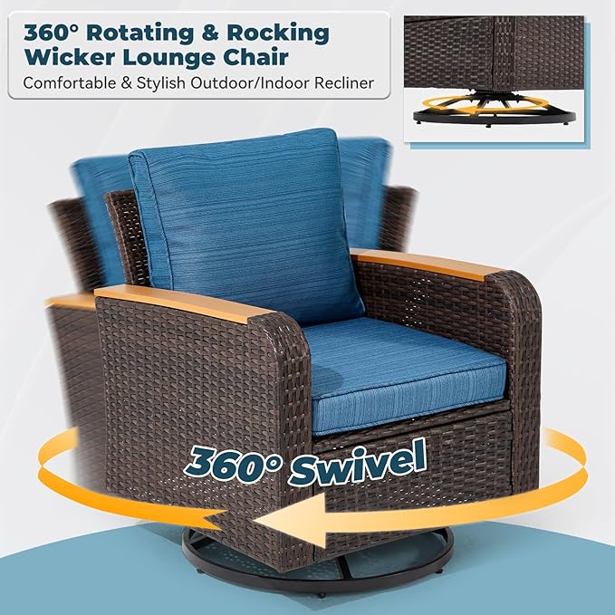 3 Pieces Outdoor Furniture Set with Swivel Chairs, Wicker Patio Furniture Sets for Porch Deck Bistro Lawn Garden Backyard Poolside - Navy Blue