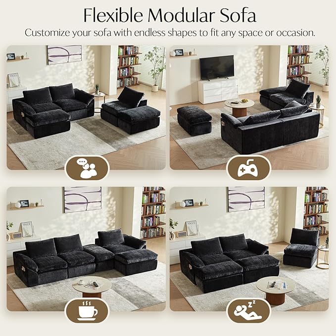 Vamcheer U Shaped Cloud Couch - Utra Soft Modular Sectional Sofa with 2 Movable Ottoman, Deep Seat Boneless Couches for Living Room, Bedroom, Office, No Assembly Required, Black