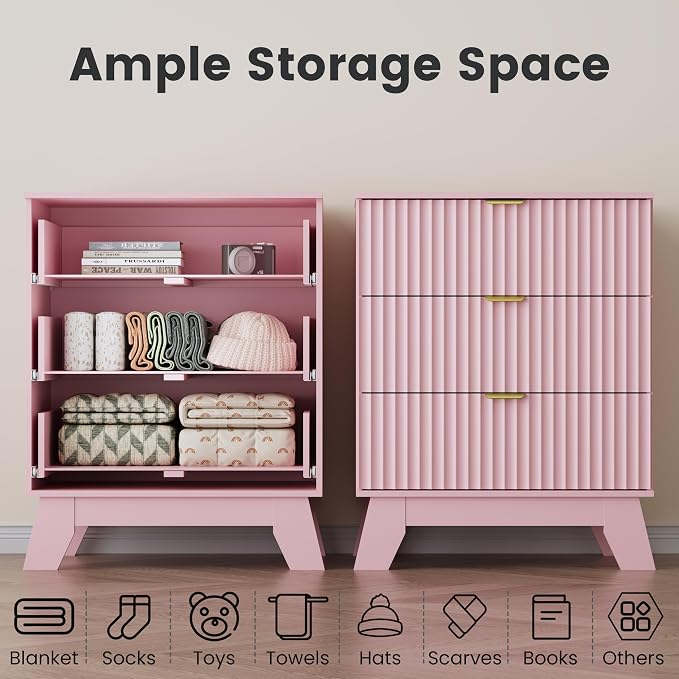 Wodeer Pink Night Stand with 3 Drawers, Bedside Table & End Table, 24" Wide Mid Century Modern Fluted Wood Nightstand with Metal Handles, Farmhouse Night Stands for Bedroom - Image 6