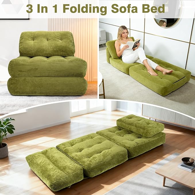 Art3d Folding Sofa Bed, Convertible Sleeper Sofa Bed with Pilow & Back Support, 3 in 1 Long Futon Boneless Couch, Comfy Floor Couch for Living Room, Bedroom, Grass Green